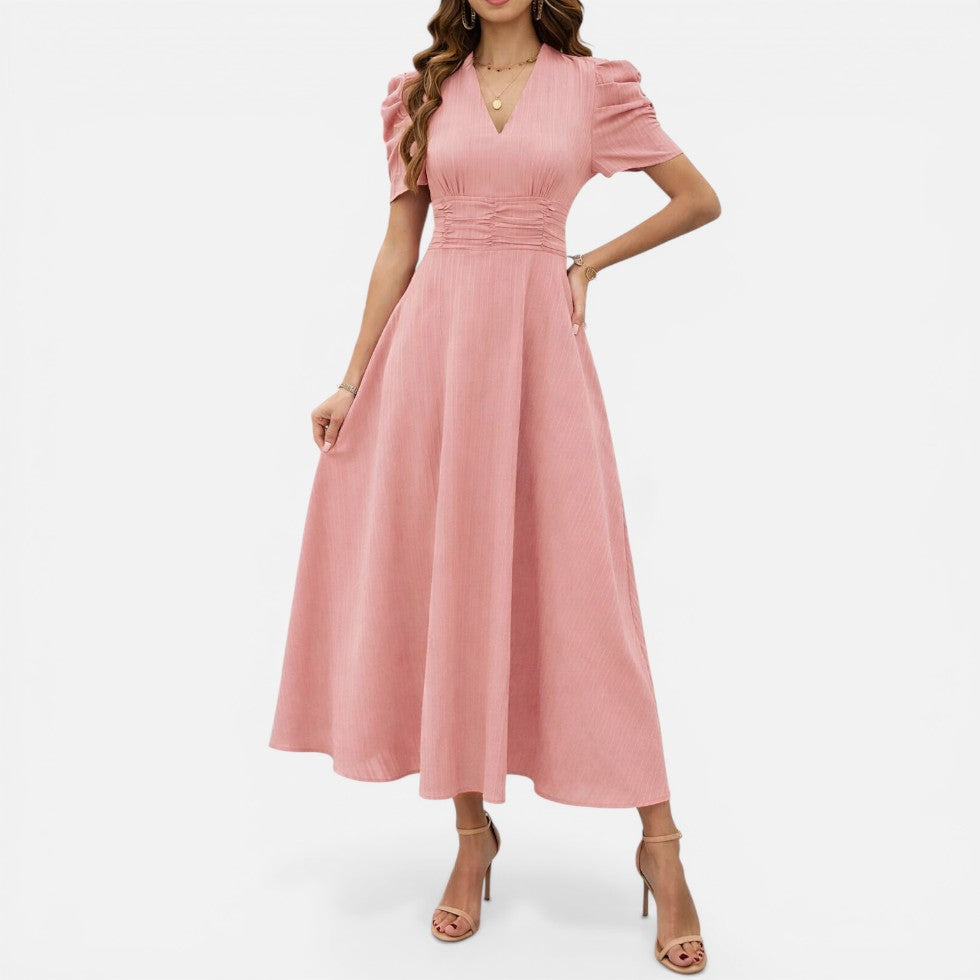 Elegantes Damen-Midikleid mit V-Ausschnitt und taillierter Passform