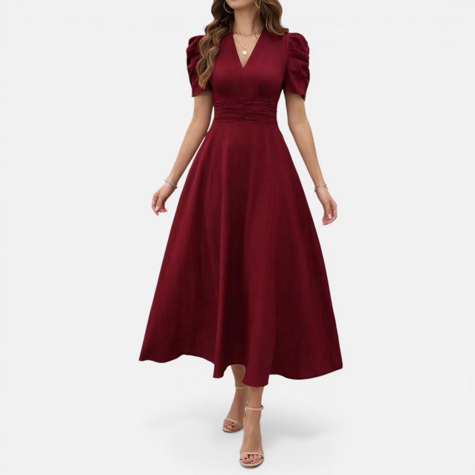 Elegantes Damen-Midikleid mit V-Ausschnitt und taillierter Passform