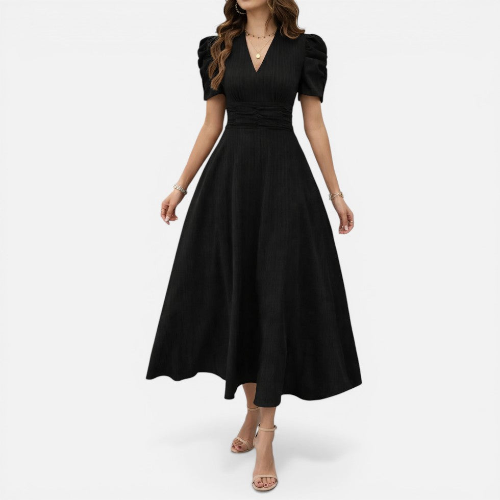 Elegantes Damen-Midikleid mit V-Ausschnitt und taillierter Passform