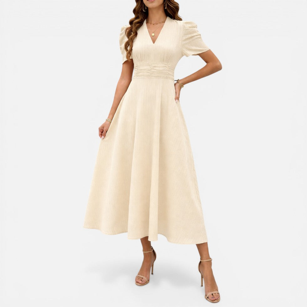 Elegantes Damen-Midikleid mit V-Ausschnitt und taillierter Passform