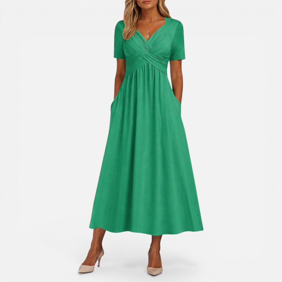 Midikleid mit V Ausschnitt und Taillenfalten