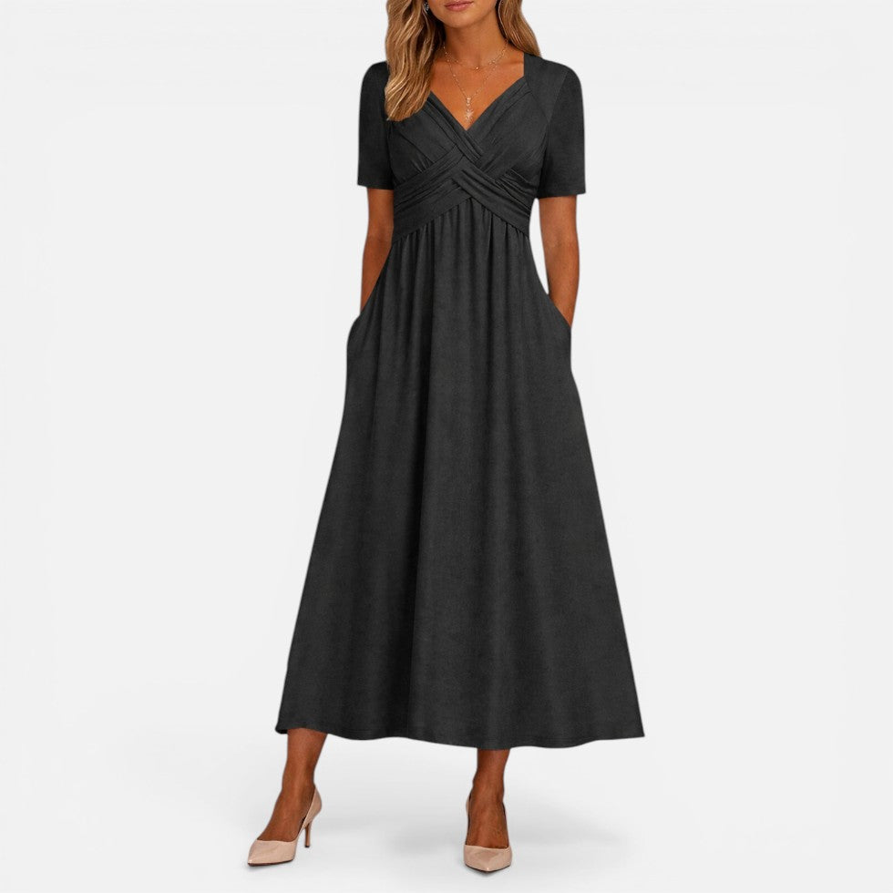 Midikleid mit V Ausschnitt und Taillenfalten
