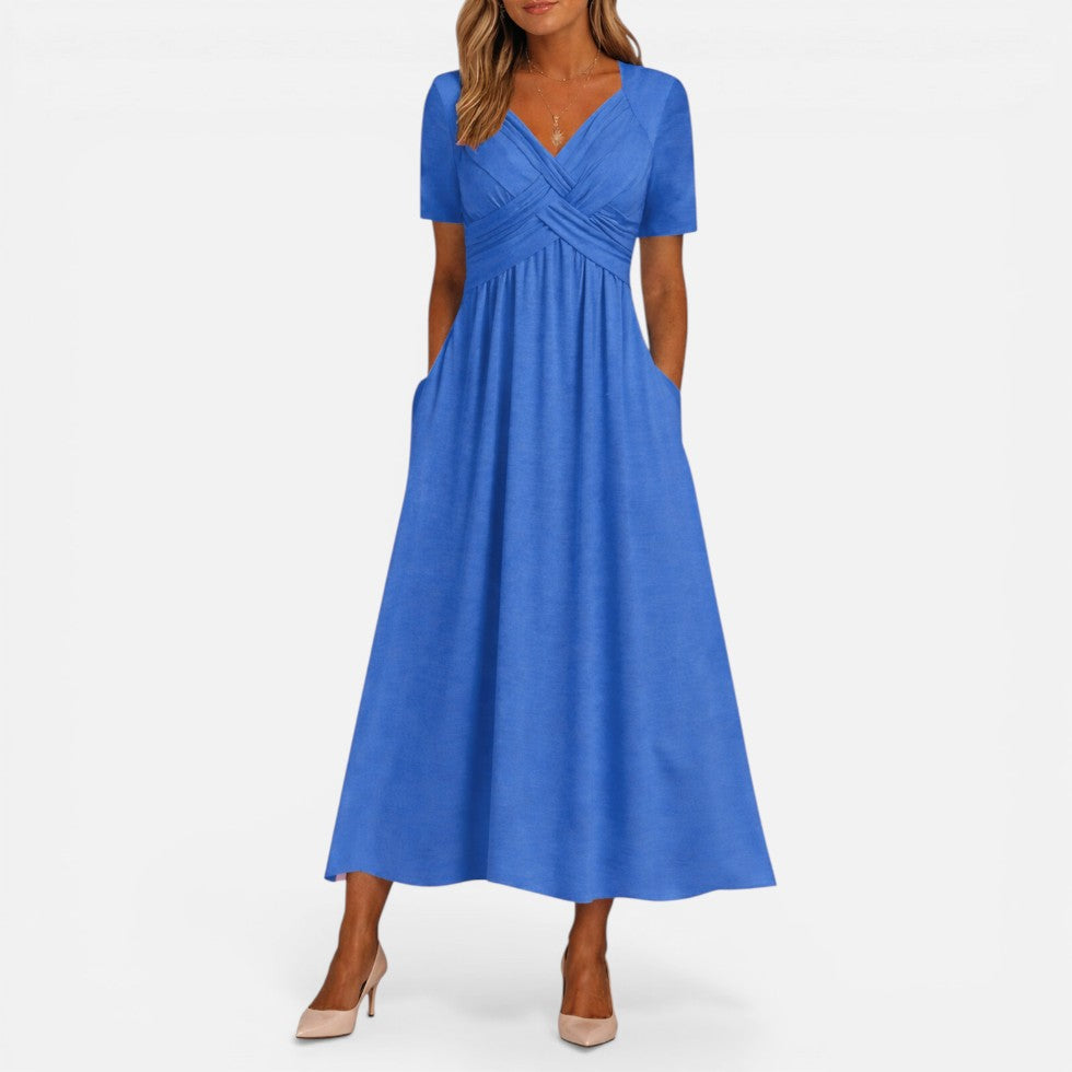 Midikleid mit V Ausschnitt und Taillenfalten