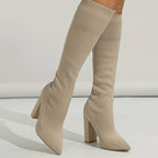 Damen Sock Boots aus Strick mit spitzer Zehenpartie – Kniehohe Stretchstiefel mit Blockabsatz, Herbst Winter