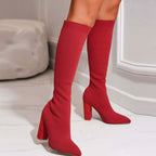 Damen Sock Boots aus Strick mit spitzer Zehenpartie – Kniehohe Stretchstiefel mit Blockabsatz, Herbst Winter