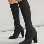 Damen Sock Boots aus Strick mit spitzer Zehenpartie – Kniehohe Stretchstiefel mit Blockabsatz, Herbst Winter