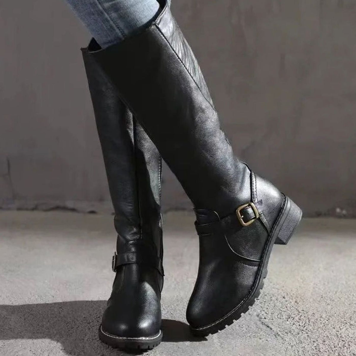 Damen Kniehohe Lederstiefel mit Schnalle und Profilsohle – Gepolsterte Stiefel mit Reißverschluss, Herbst Winter
