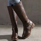 Damen Kniehohe Lederstiefel mit Schnalle und Profilsohle – Gepolsterte Stiefel mit Reißverschluss, Herbst Winter