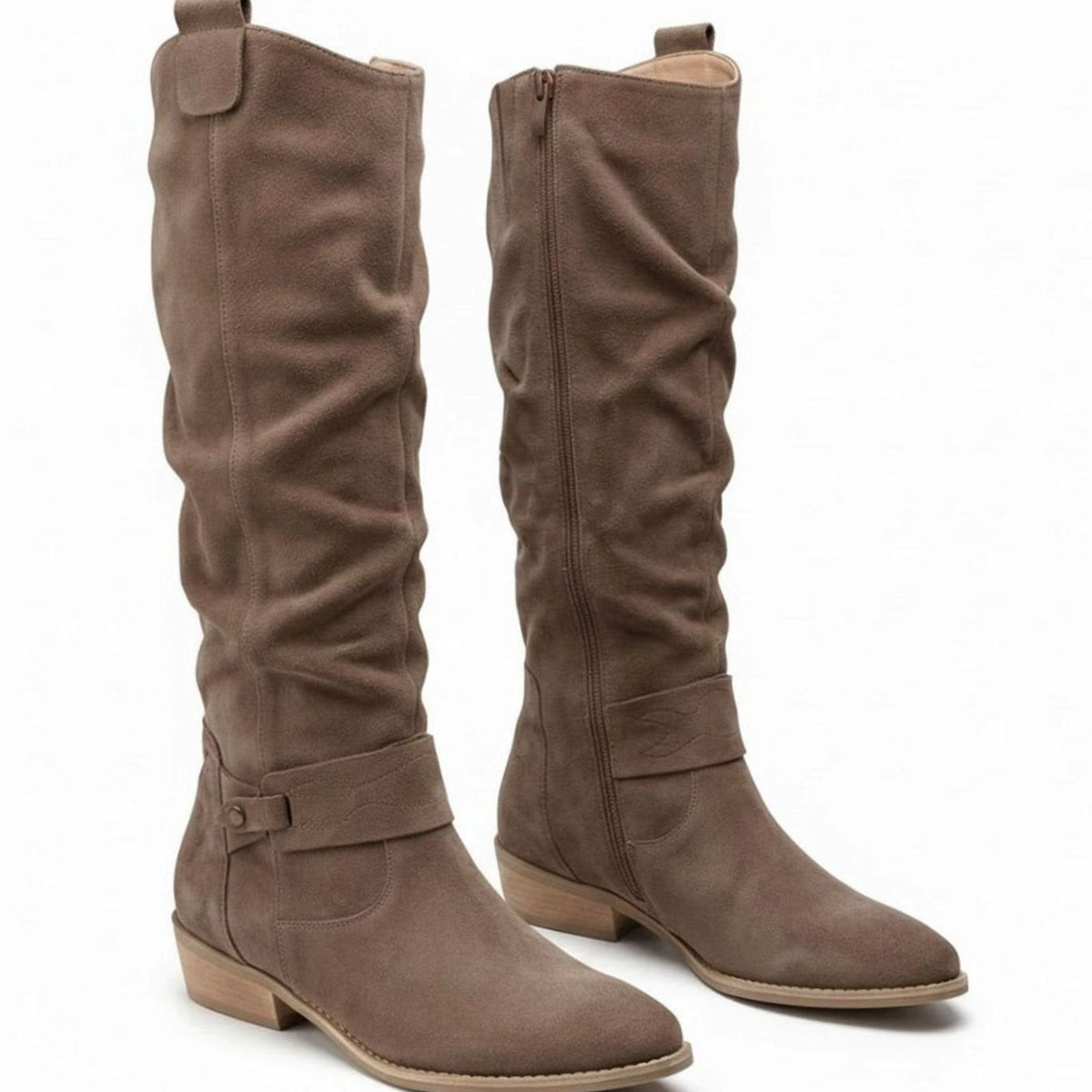 Damen Slouchy Stiefel in Wildlederoptik mit Knöchelriemen – Kniehohe Stiefel mit Blockabsatz, Herbst Winter