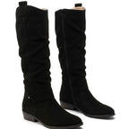 Damen Slouchy Stiefel in Wildlederoptik mit Knöchelriemen – Kniehohe Stiefel mit Blockabsatz, Herbst Winter