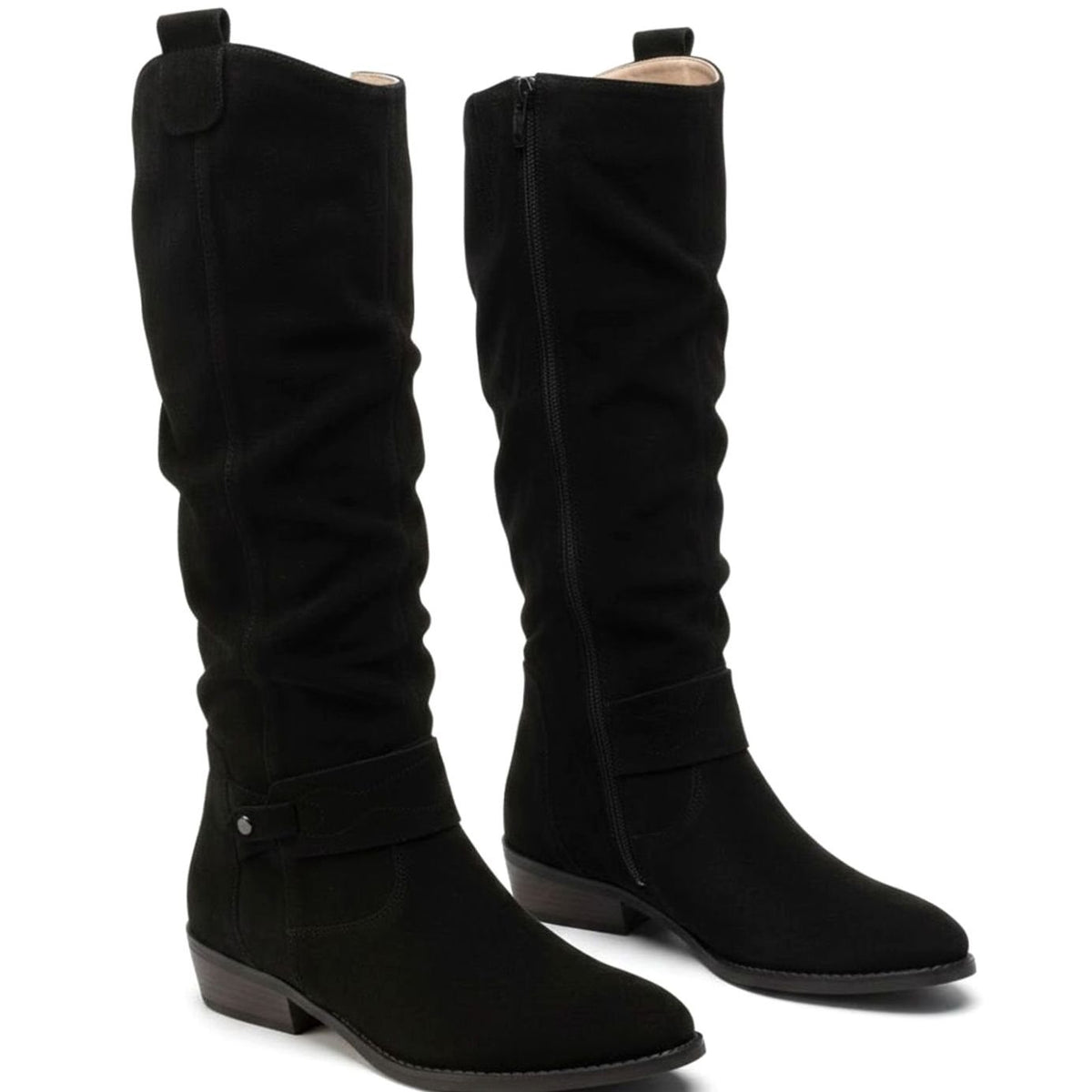 Damen Slouchy Stiefel in Wildlederoptik mit Knöchelriemen – Kniehohe Stiefel mit Blockabsatz, Herbst Winter