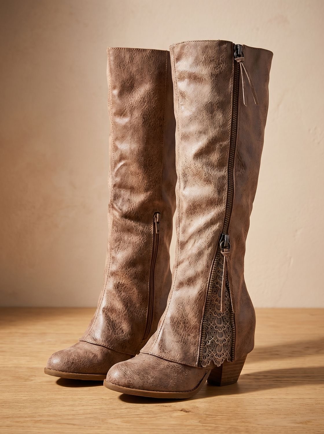 Damen Kniehohe Stiefel mit Spitzendetails – Stiefel mit klobigem Blockabsatz und Reißverschluss, Herbst Winter