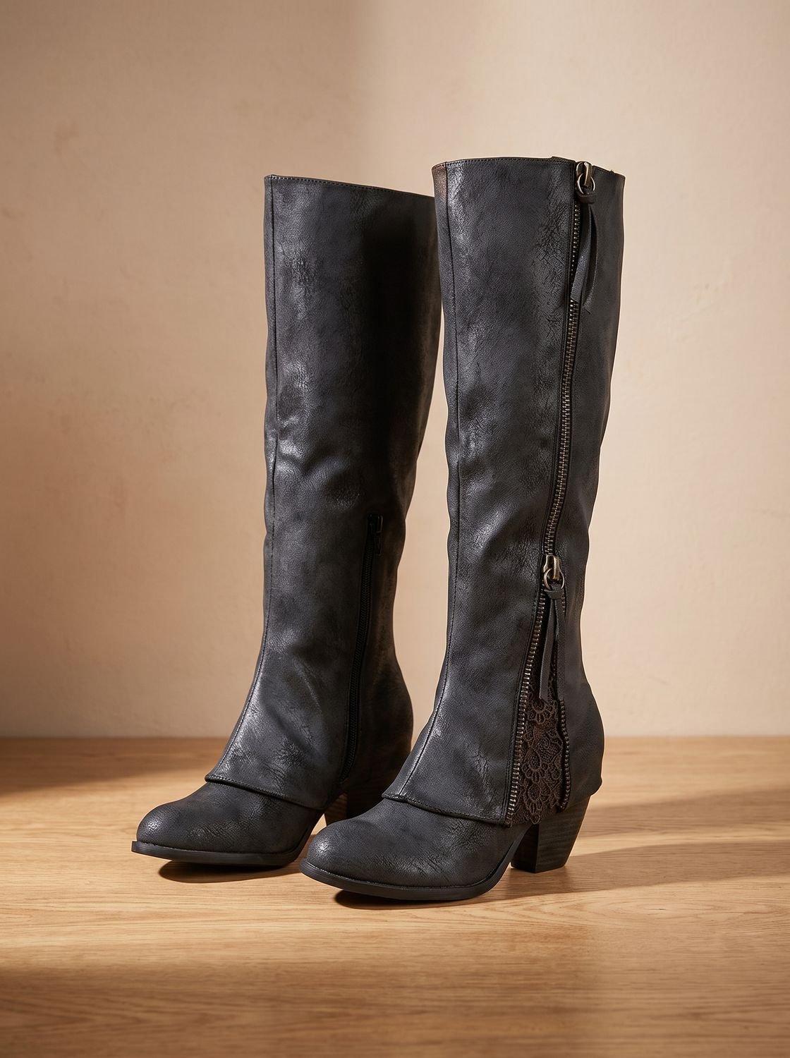 Damen Kniehohe Stiefel mit Spitzendetails – Stiefel mit klobigem Blockabsatz und Reißverschluss, Herbst Winter