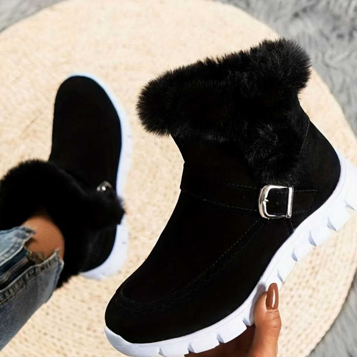 Damen Schneestiefel mit Plüschkragen und Schnalle – Gefütterte Winterstiefeletten mit rutschhemmender Sohle