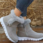 Damen Schneestiefel mit Plüschkragen und Schnalle – Gefütterte Winterstiefeletten mit rutschhemmender Sohle