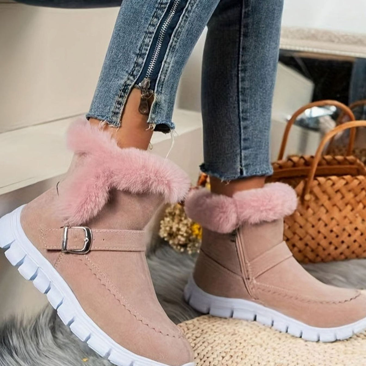 Damen Schneestiefel mit Plüschkragen und Schnalle – Gefütterte Winterstiefeletten mit rutschhemmender Sohle