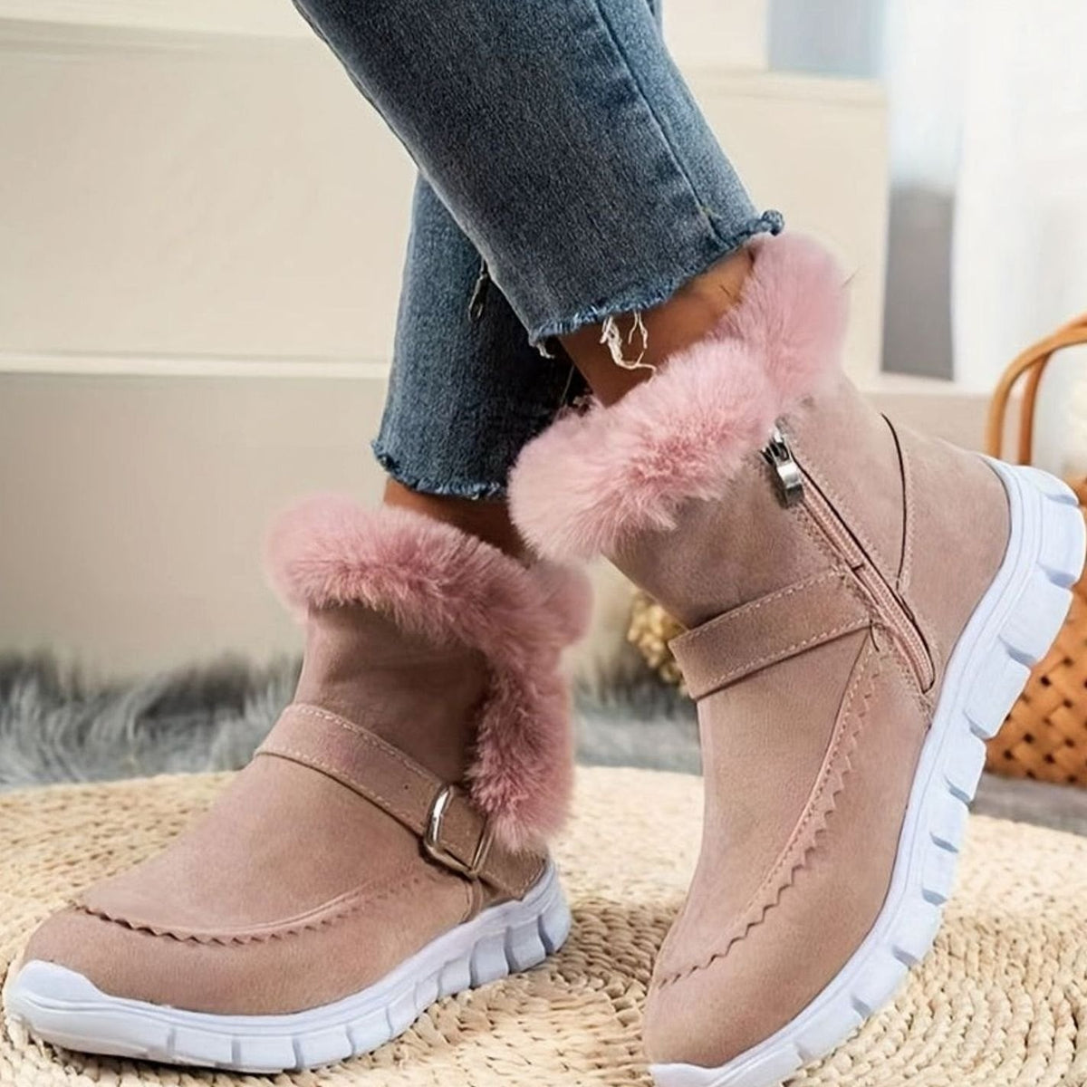 Damen Schneestiefel mit Plüschkragen und Schnalle – Gefütterte Winterstiefeletten mit rutschhemmender Sohle