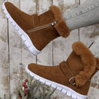 Damen Schneestiefel mit Plüschkragen und Schnalle – Gefütterte Winterstiefeletten mit rutschhemmender Sohle