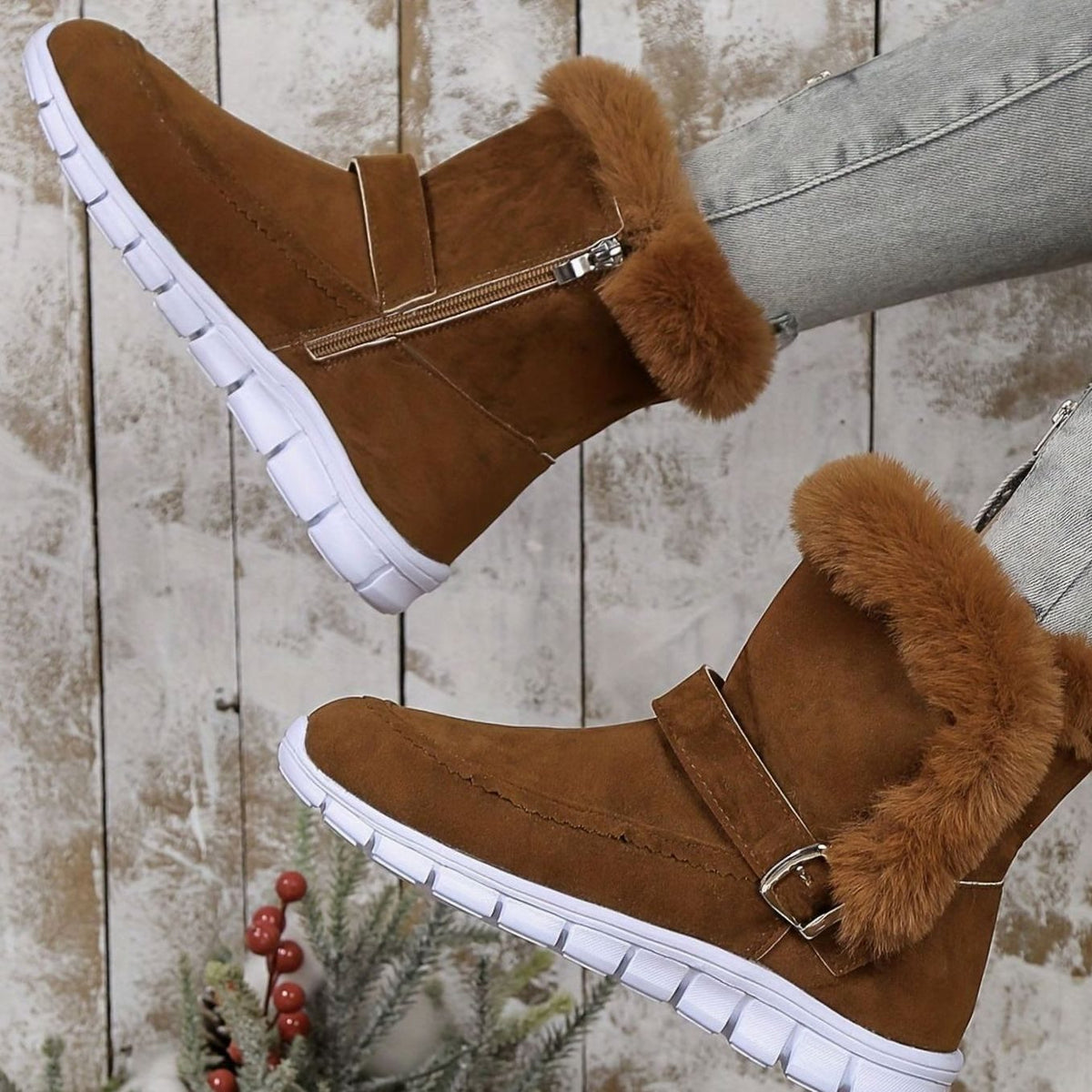 Damen Schneestiefel mit Plüschkragen und Schnalle – Gefütterte Winterstiefeletten mit rutschhemmender Sohle