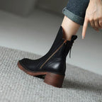 Damen Stiefeletten aus Kunstleder mit Blockabsatz – Ankle Boots mit Reißverschluss und Quaste, Herbst Winter