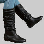 Damen Slouchy Stiefel aus Kunstleder mit flachem Absatz – Wadenhohe Stiefel mit Reißverschluss, Herbst Winter