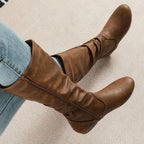 Damen Slouchy Stiefel aus Kunstleder mit flachem Absatz – Wadenhohe Stiefel mit Reißverschluss, Herbst Winter