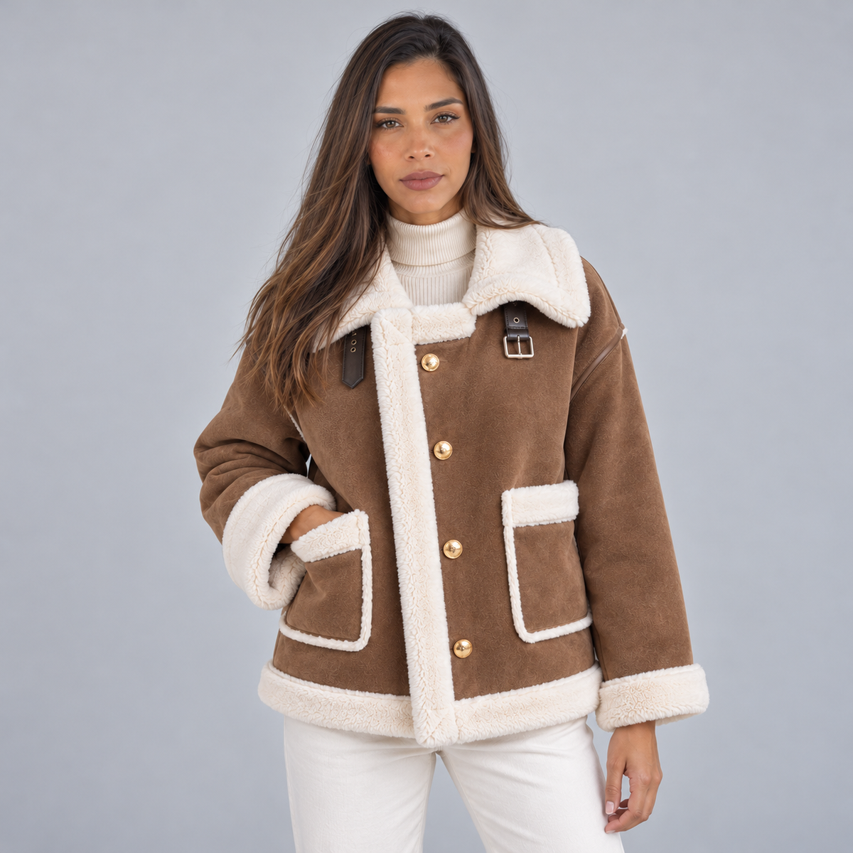Damen Fliegerjacke in Wildlederoptik mit Teddykragen – Aviator Jacke mit Knöpfen, Herbst Winter