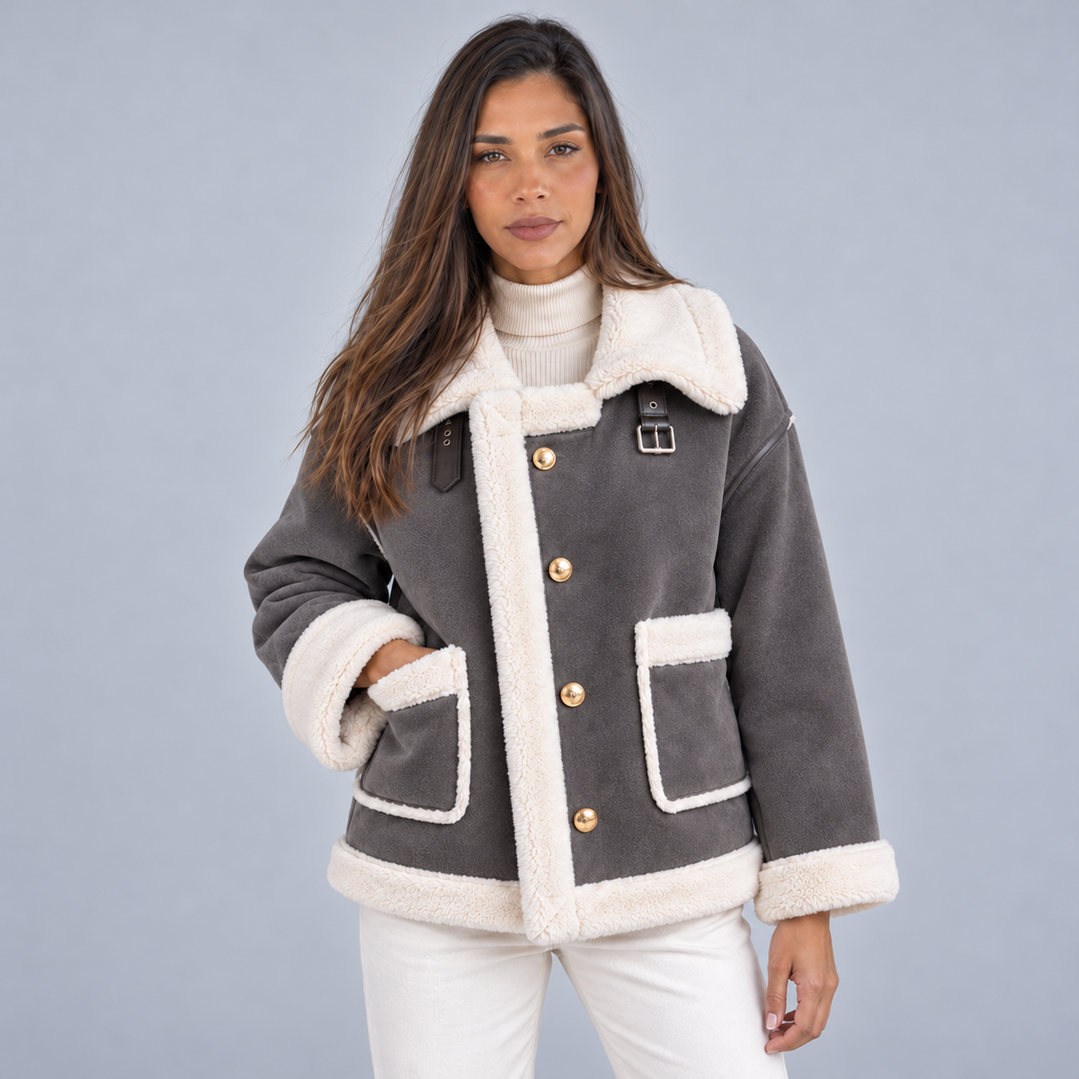 Damen Fliegerjacke in Wildlederoptik mit Teddykragen – Aviator Jacke mit Knöpfen, Herbst Winter