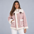 Damen Fliegerjacke in Wildlederoptik mit Teddykragen – Aviator Jacke mit Knöpfen, Herbst Winter