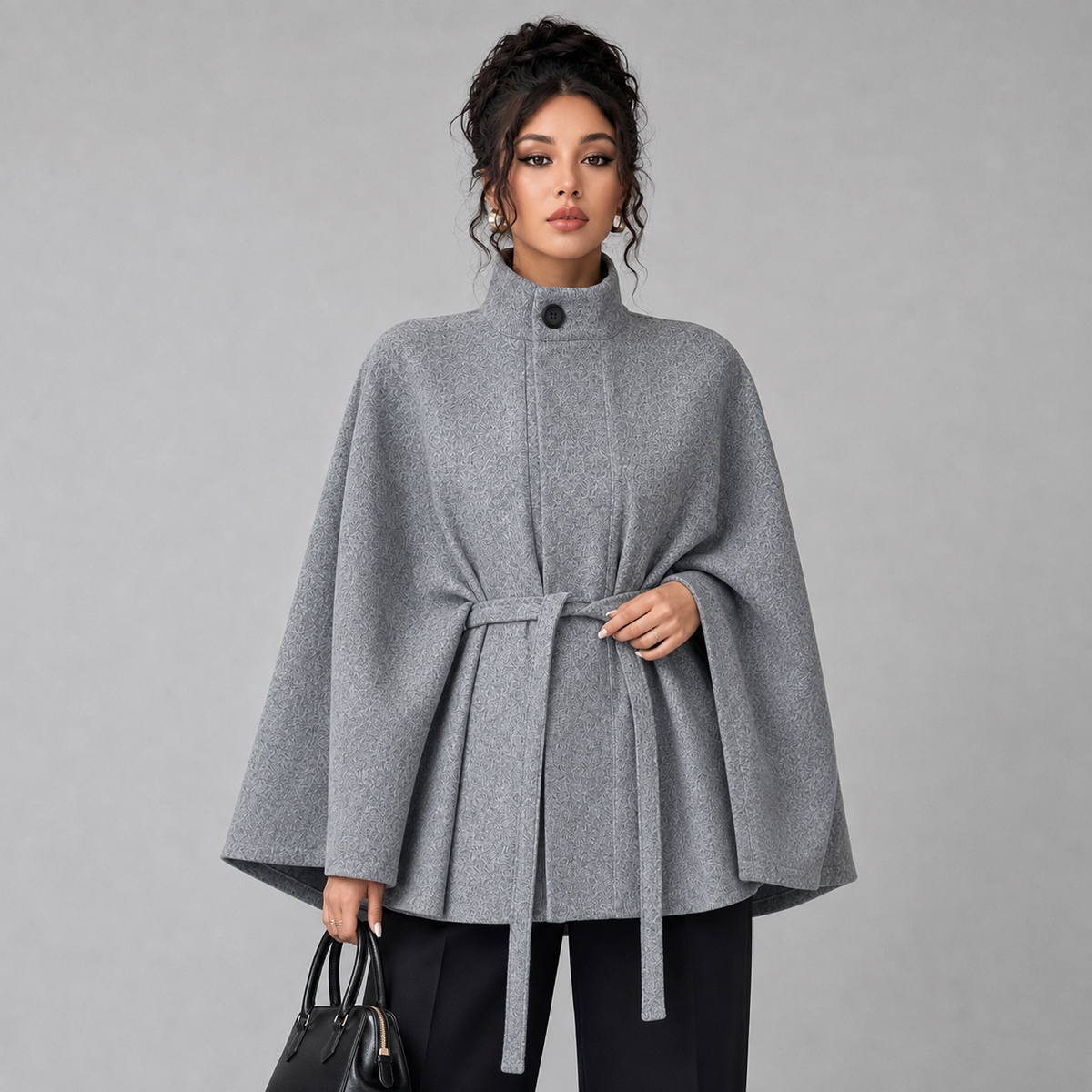 Damen Taillierter Cape-Mantel mit verdeckter Knopfleiste – Poncho-Mantel mit Stehkragen, Herbst Winter