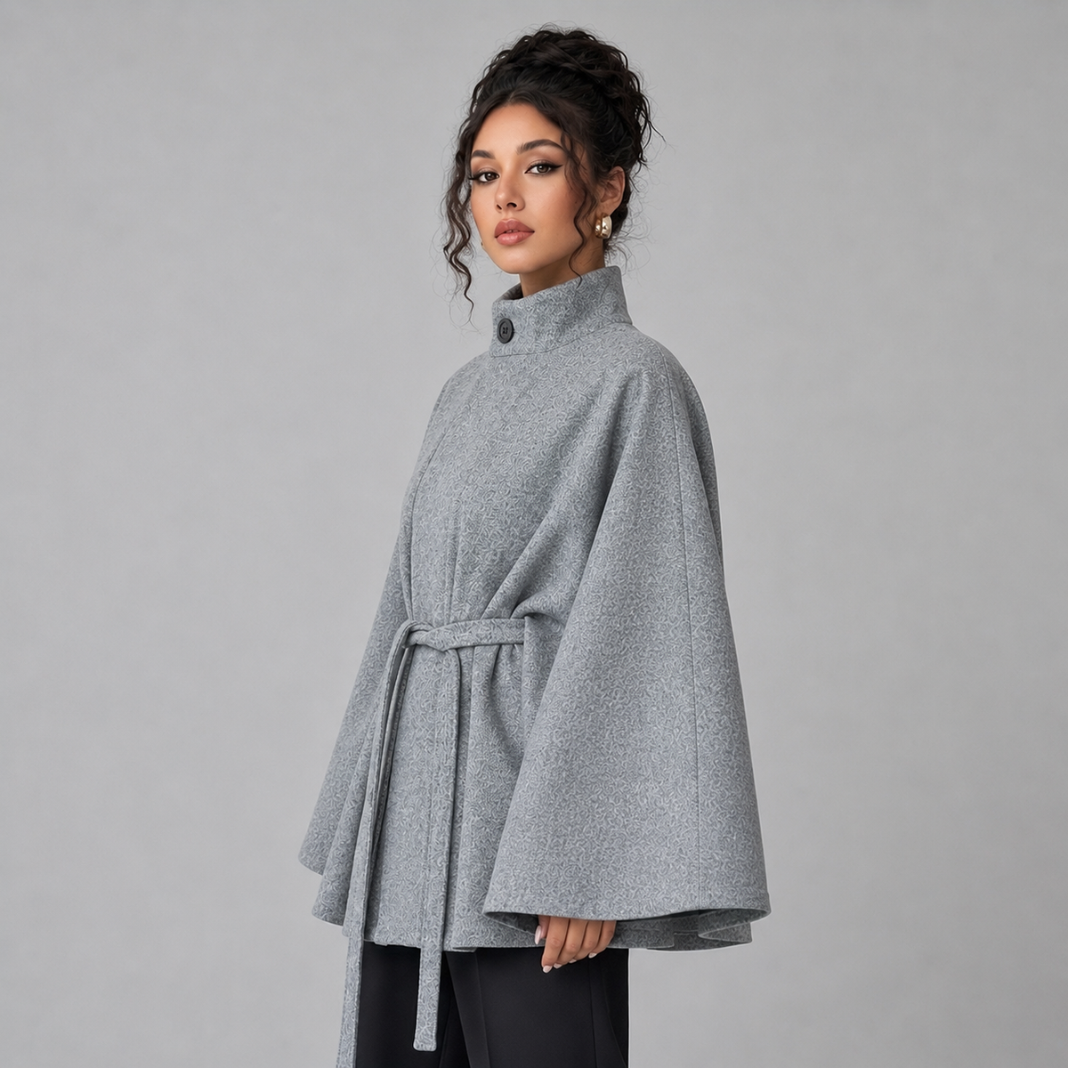 Damen Taillierter Cape-Mantel mit verdeckter Knopfleiste – Poncho-Mantel mit Stehkragen, Herbst Winter
