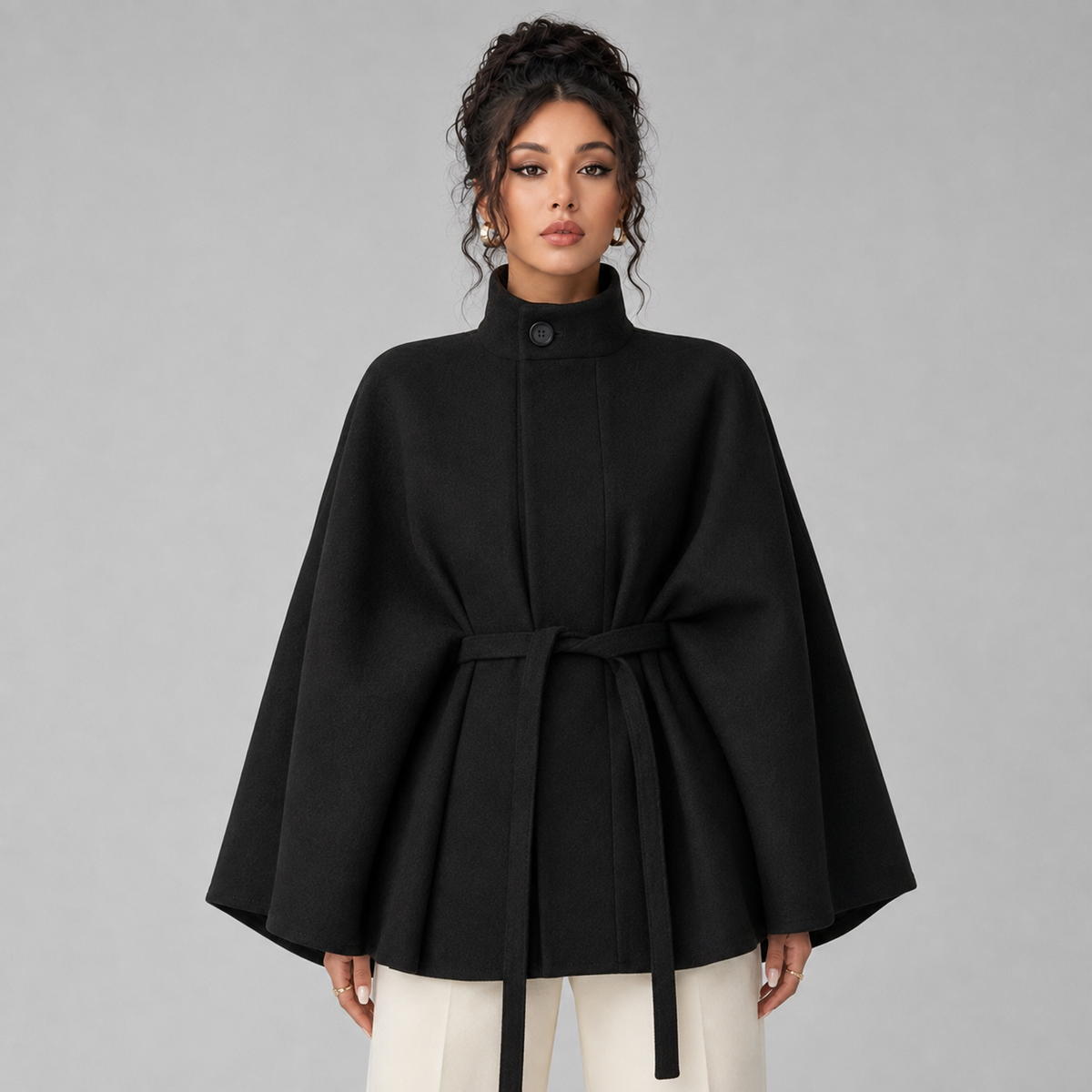 Damen Taillierter Cape-Mantel mit verdeckter Knopfleiste – Poncho-Mantel mit Stehkragen, Herbst Winter