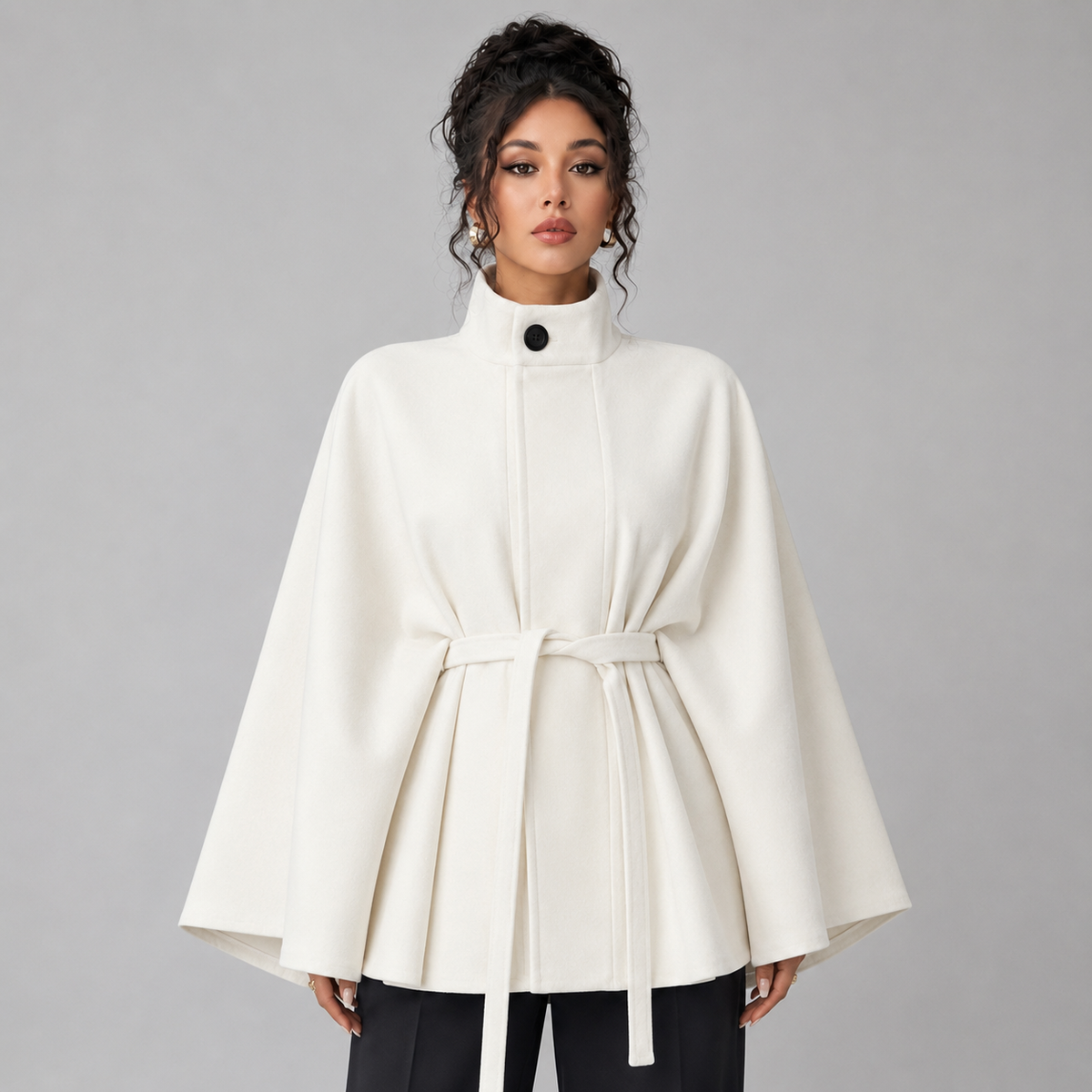 Damen Taillierter Cape-Mantel mit verdeckter Knopfleiste – Poncho-Mantel mit Stehkragen, Herbst Winter
