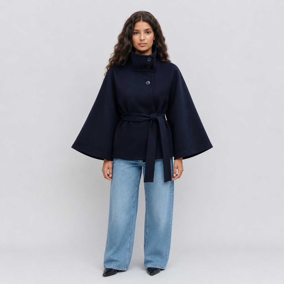 Damen Cape-Mantel mit Stehkragen und Bindegürtel – Eleganter Poncho-Mantel, Herbst Winter