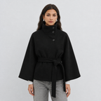 Damen Cape-Mantel mit Stehkragen und Bindegürtel – Eleganter Poncho-Mantel, Herbst Winter