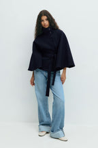 Damen Cape-Mantel mit Stehkragen und Bindegürtel – Eleganter Poncho-Mantel, Herbst Winter