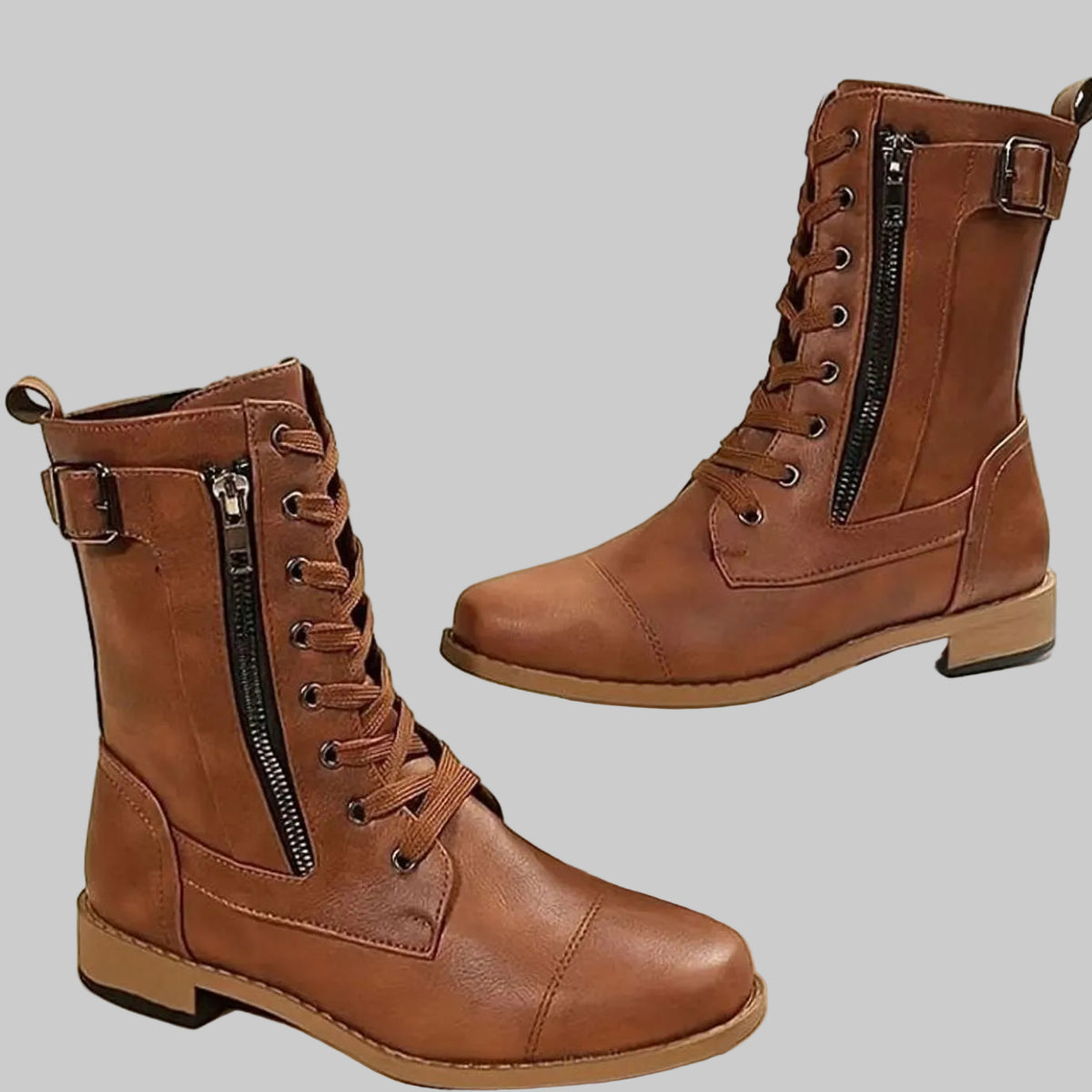 Damen Combat Boots aus Kunstleder mit Schnürung – Schnürstiefeletten mit Seitenreißverschluss, Herbst Winter
