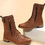 Damen Combat Boots aus Kunstleder mit Schnürung – Schnürstiefeletten mit Seitenreißverschluss, Herbst Winter