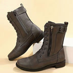 Damen Combat Boots aus Kunstleder mit Schnürung – Schnürstiefeletten mit Seitenreißverschluss, Herbst Winter