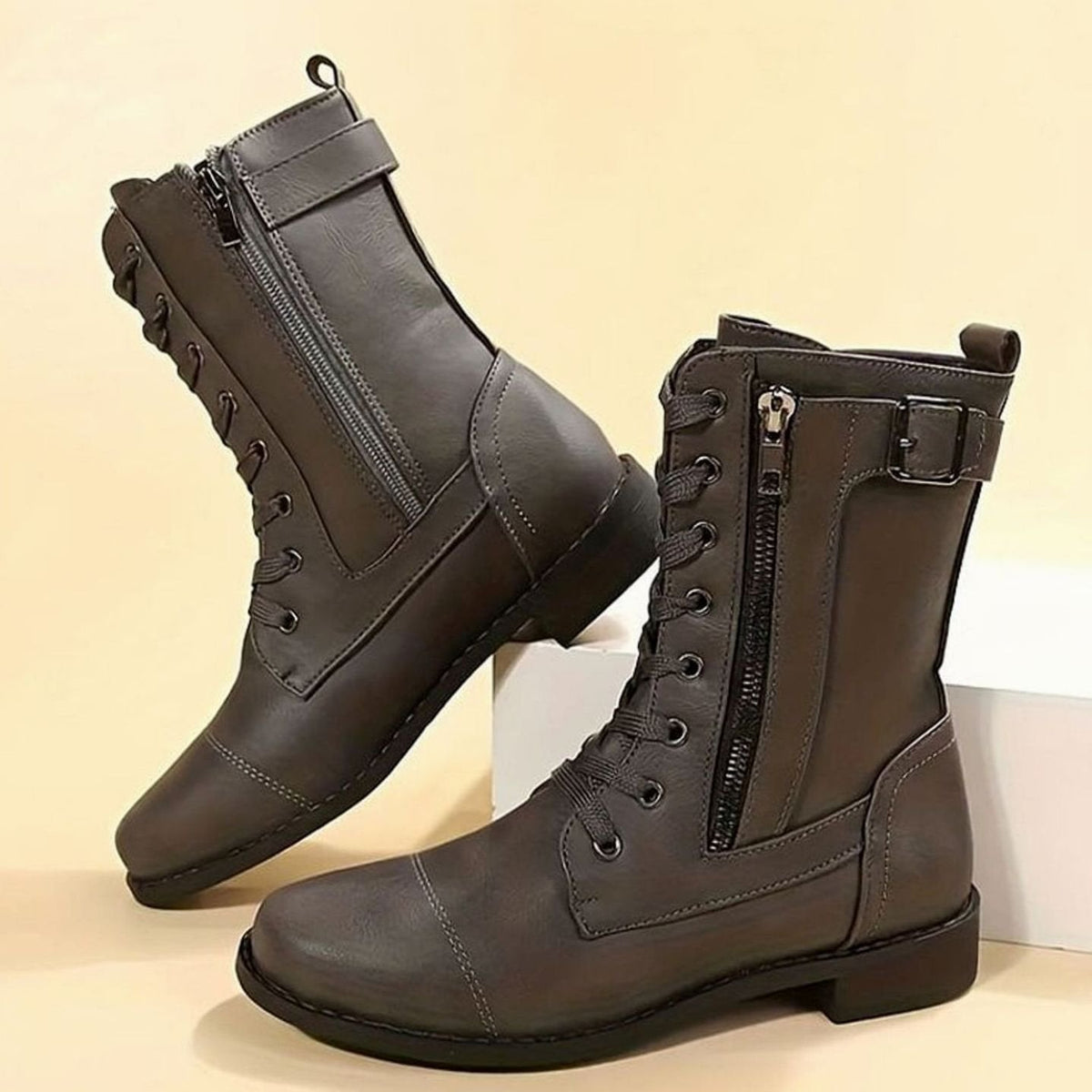 Damen Combat Boots aus Kunstleder mit Schnürung – Schnürstiefeletten mit Seitenreißverschluss, Herbst Winter