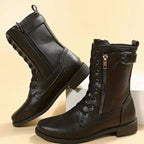 Damen Combat Boots aus Kunstleder mit Schnürung – Schnürstiefeletten mit Seitenreißverschluss, Herbst Winter