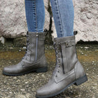 Damen Combat Boots aus Kunstleder mit Schnürung – Schnürstiefeletten mit Seitenreißverschluss, Herbst Winter
