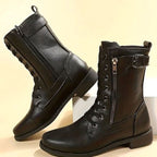 Damen Combat Boots aus Kunstleder mit Schnürung – Schnürstiefeletten mit Seitenreißverschluss, Herbst Winter