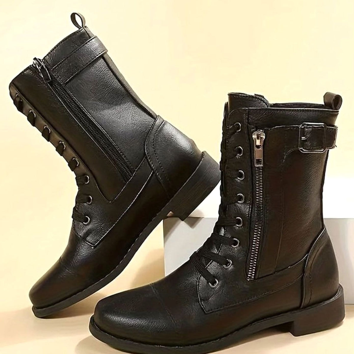 Damen Combat Boots aus Kunstleder mit Schnürung – Schnürstiefeletten mit Seitenreißverschluss, Herbst Winter