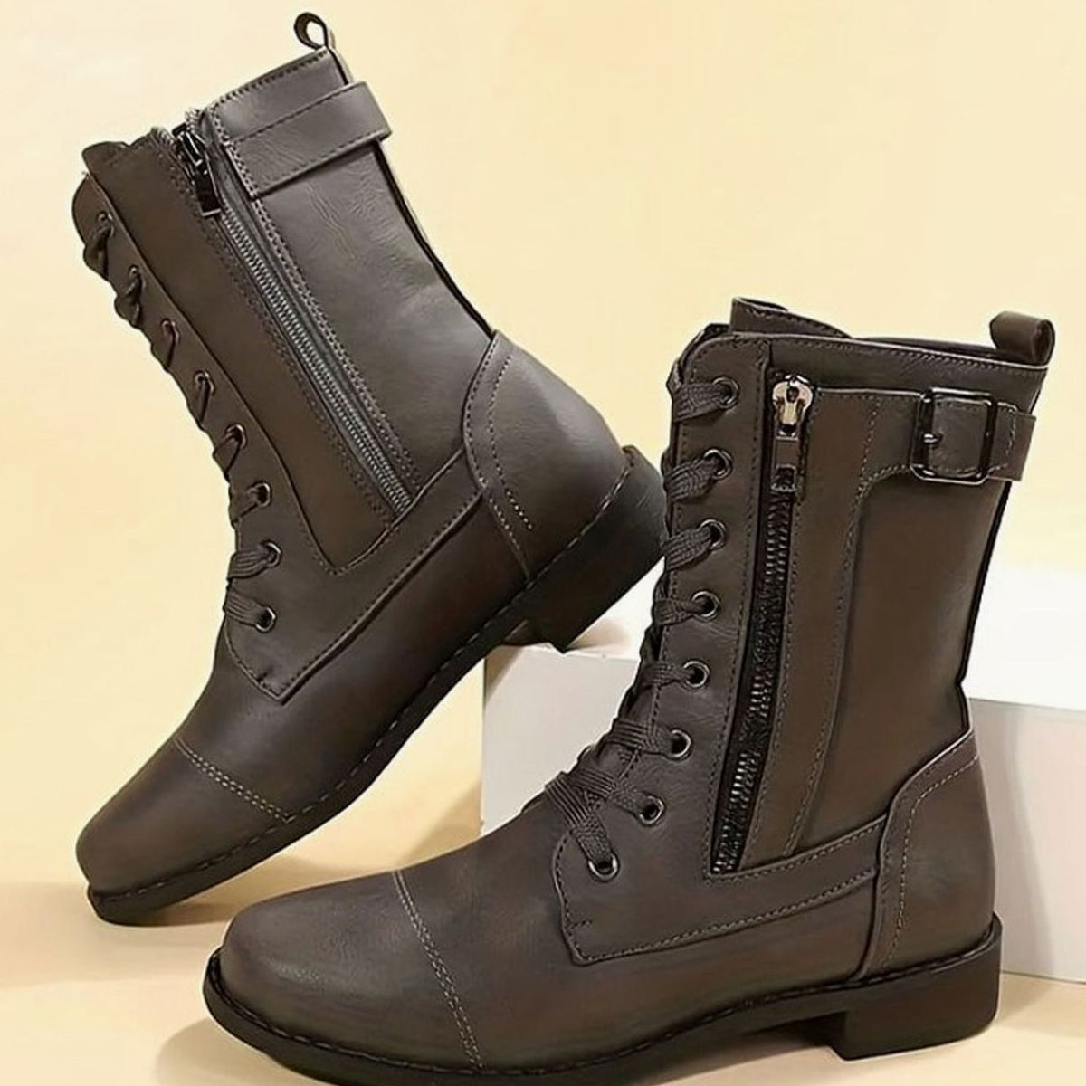 Damen Combat Boots aus Kunstleder mit Schnürung – Schnürstiefeletten mit Seitenreißverschluss, Herbst Winter