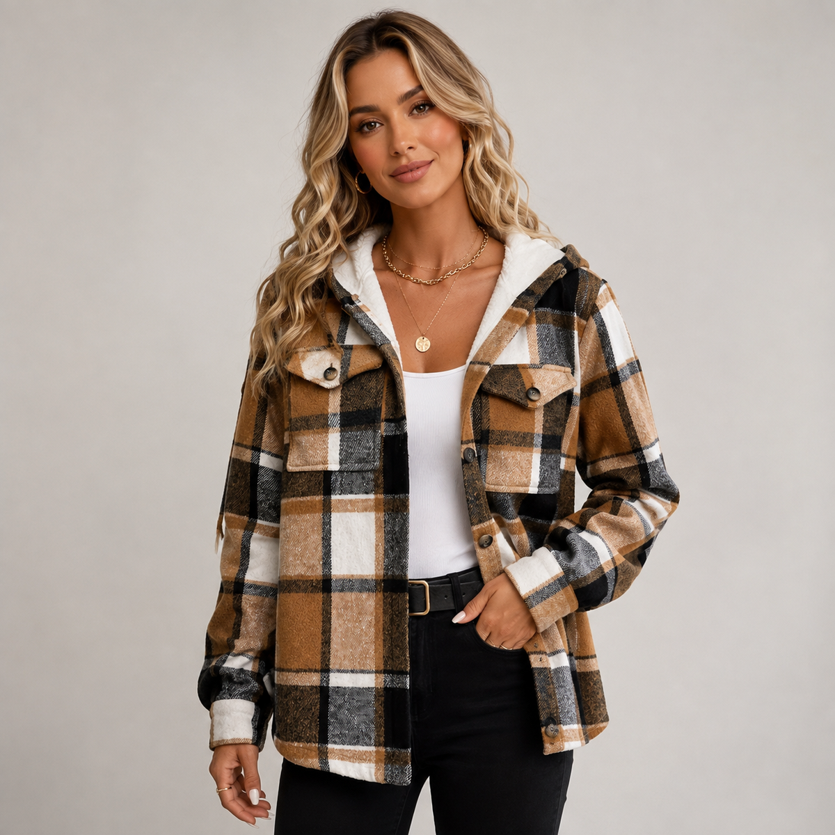 Damen Karierte Hemdjacke mit Kapuze – Flanell-Shacket mit Fleecefutter, Herbst Winter