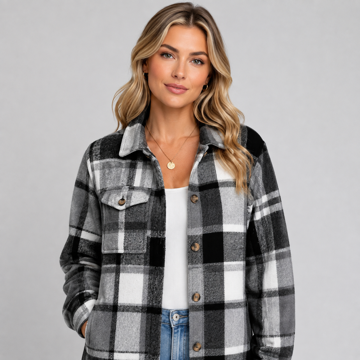 Damen Karierte Hemdjacke mit Kapuze – Flanell-Shacket mit Fleecefutter, Herbst Winter