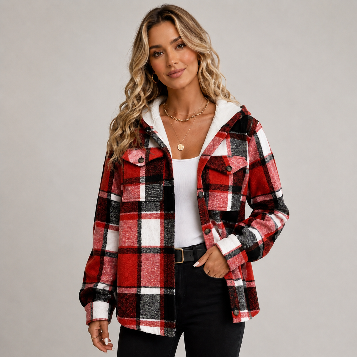 Damen Karierte Hemdjacke mit Kapuze – Flanell-Shacket mit Fleecefutter, Herbst Winter