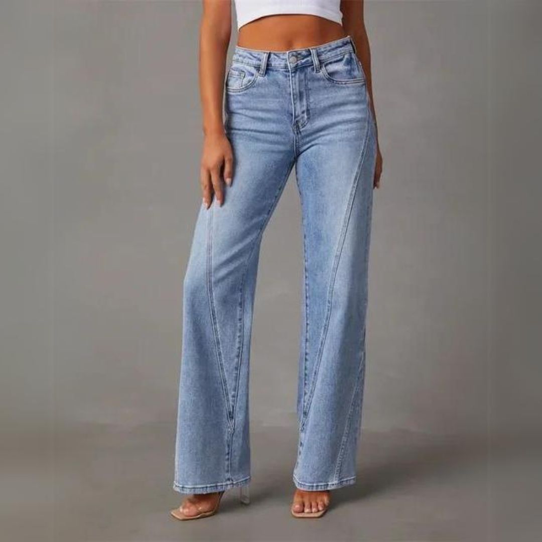 Damen Wide Leg Jeans High Waist hellblau mit diagonalen Ziernähten
