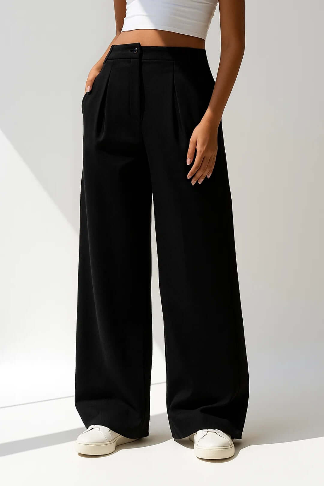 Damen Marlenehose mit Bundfalten – High Waist Wide Leg Hose mit Stretch